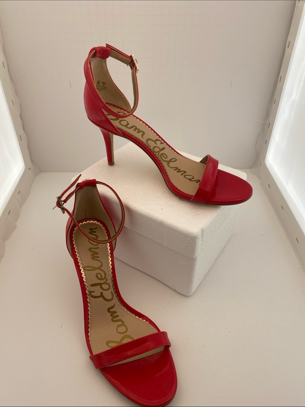 Sam Edelman Red Ankle-Strap Stiletto Sandals with Single Band